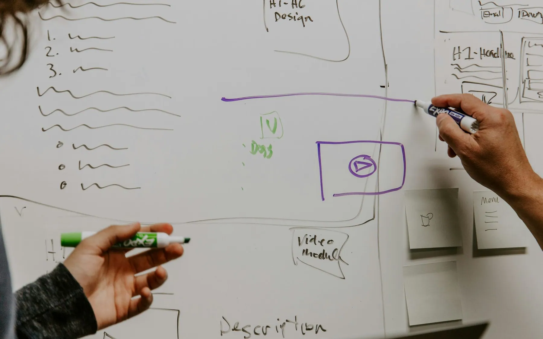 A hand sketching a wireframe on a whiteboard