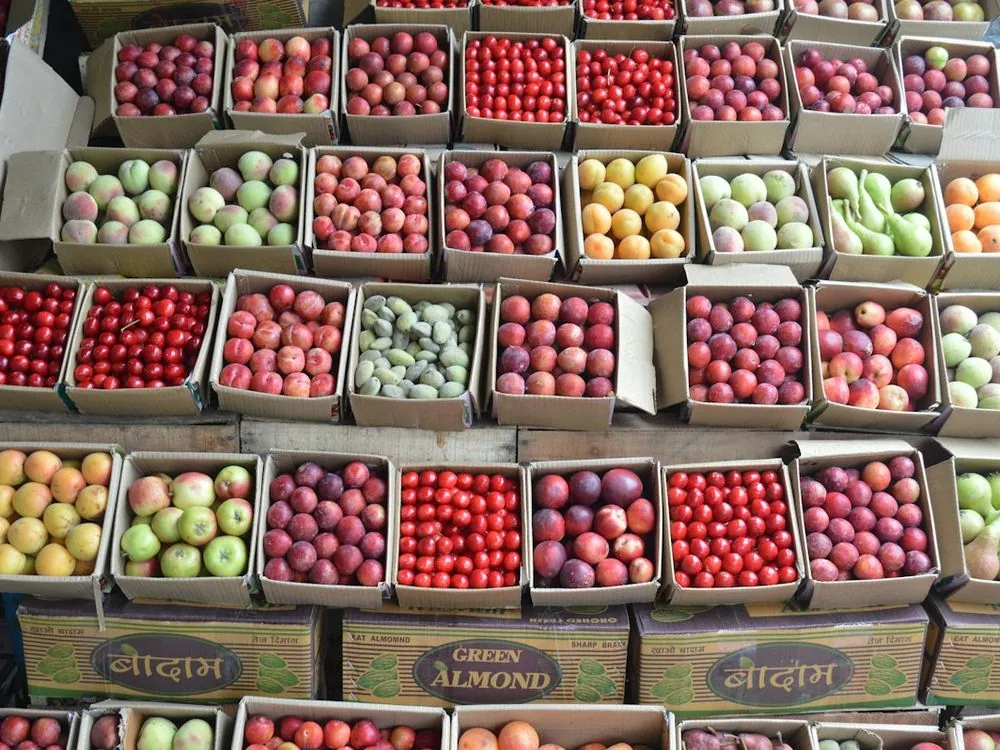 Apples and pomegranates packed into trays