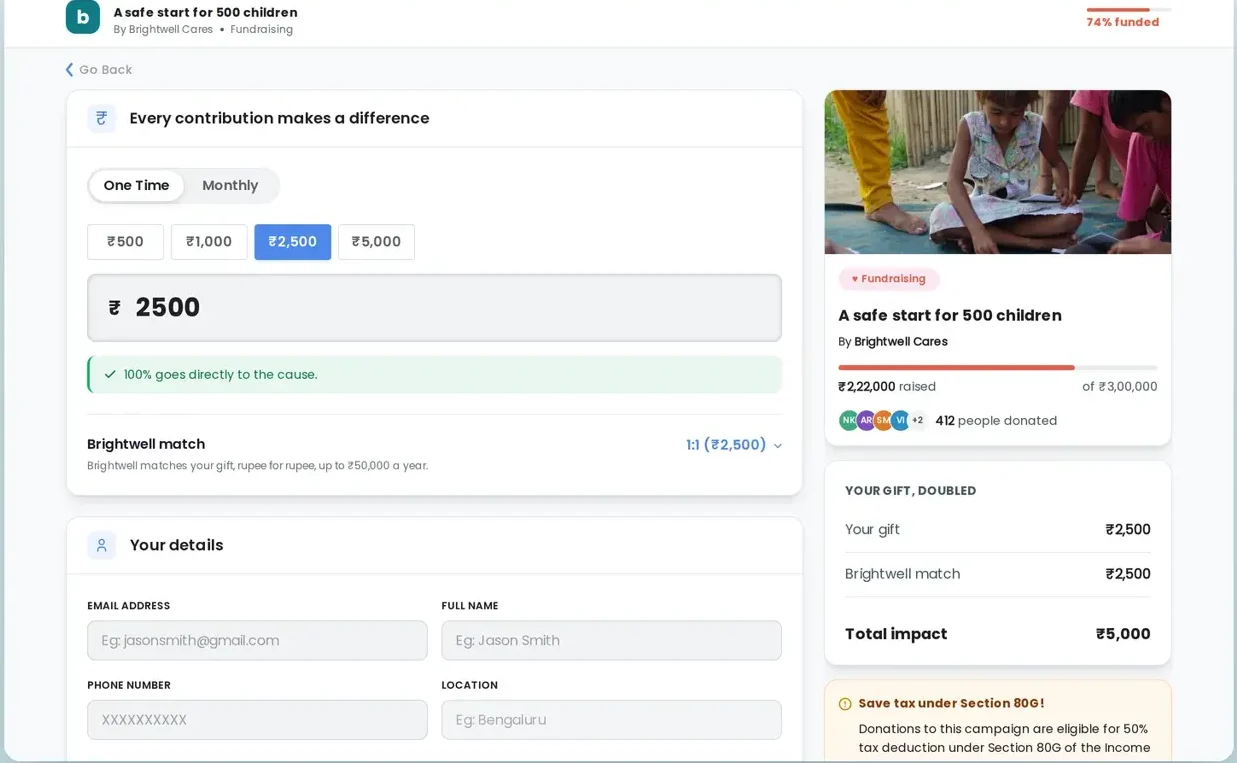 The giving checkout, with the match shown before paying