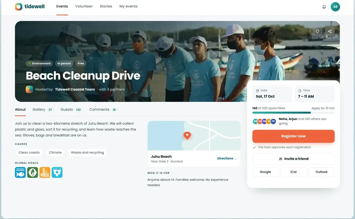 An event page with its details, capacity and register button