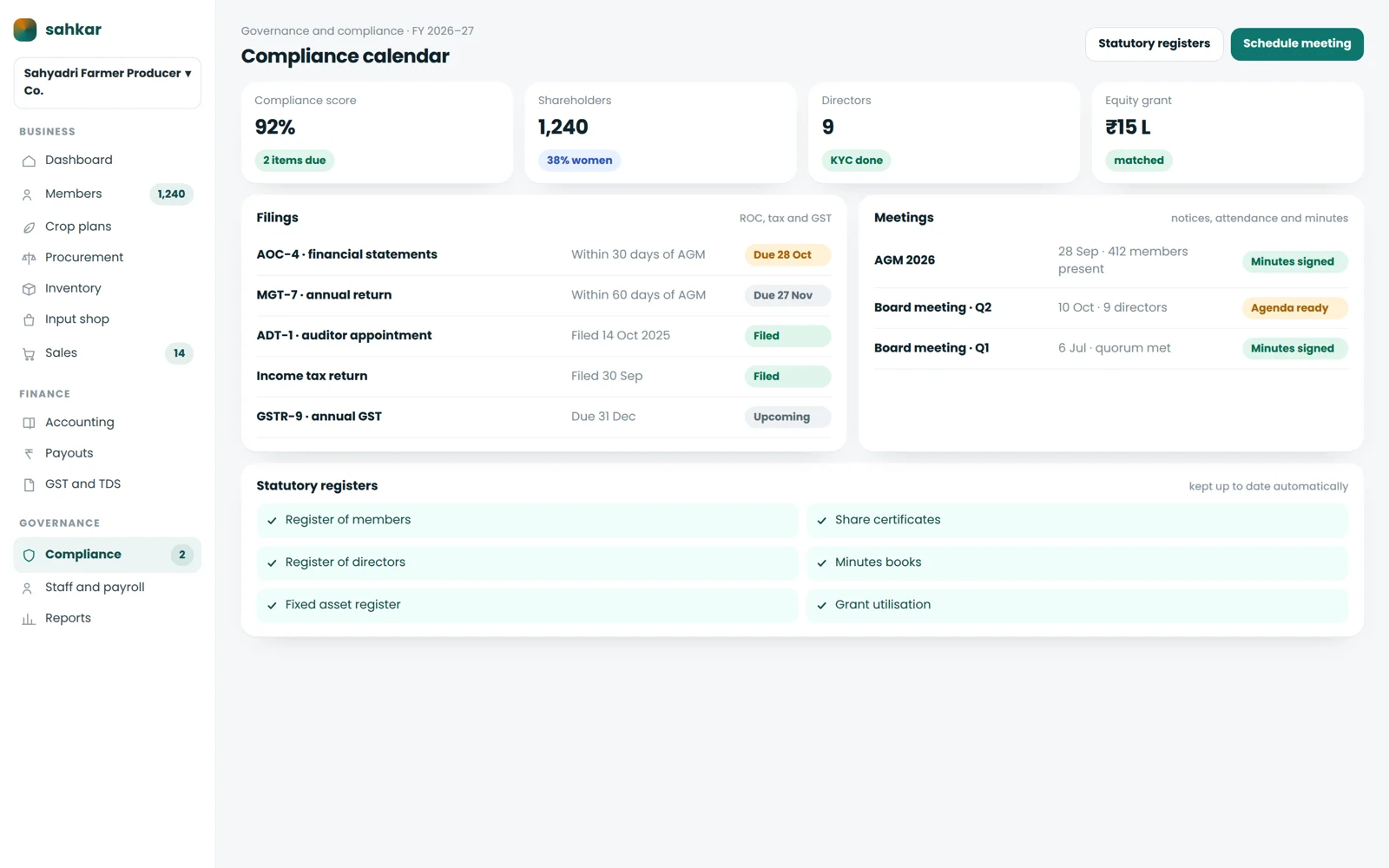 The compliance calendar with AOC-4, MGT-7 and ADT-1 on it