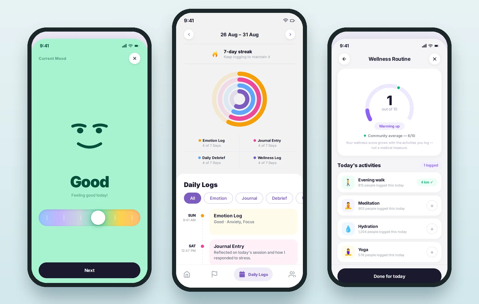 The daily check-in, with streaks and a mood read
