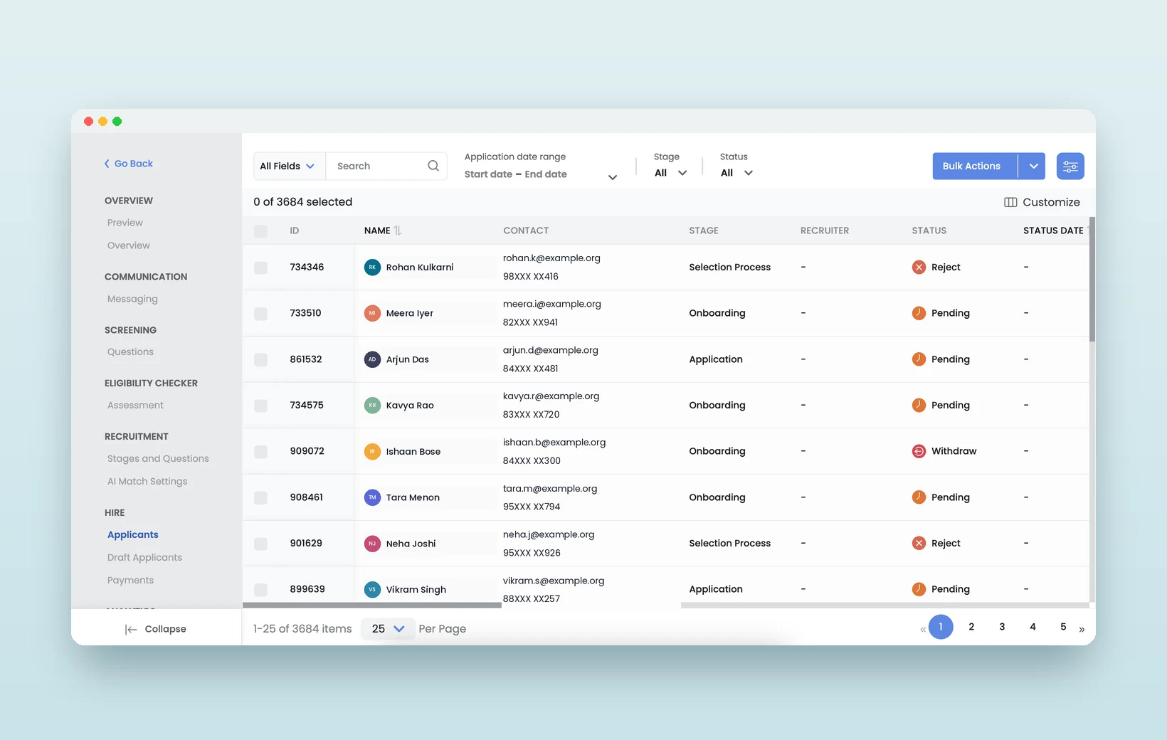 The applicant list, with stages, statuses and bulk actions
