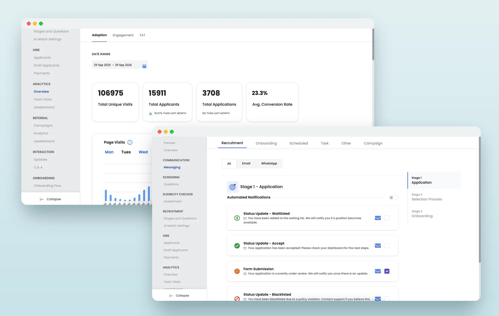 The communications view, with templates and sent history