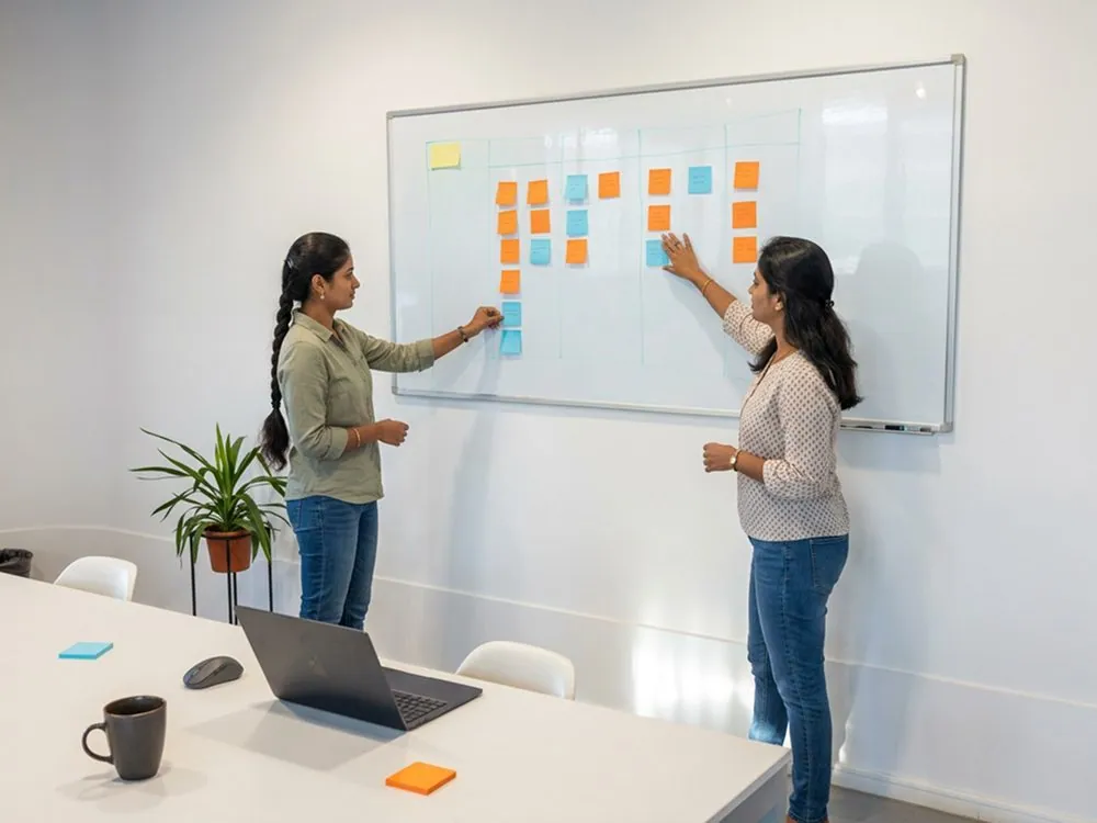 Two women working at a whiteboard of sticky notes