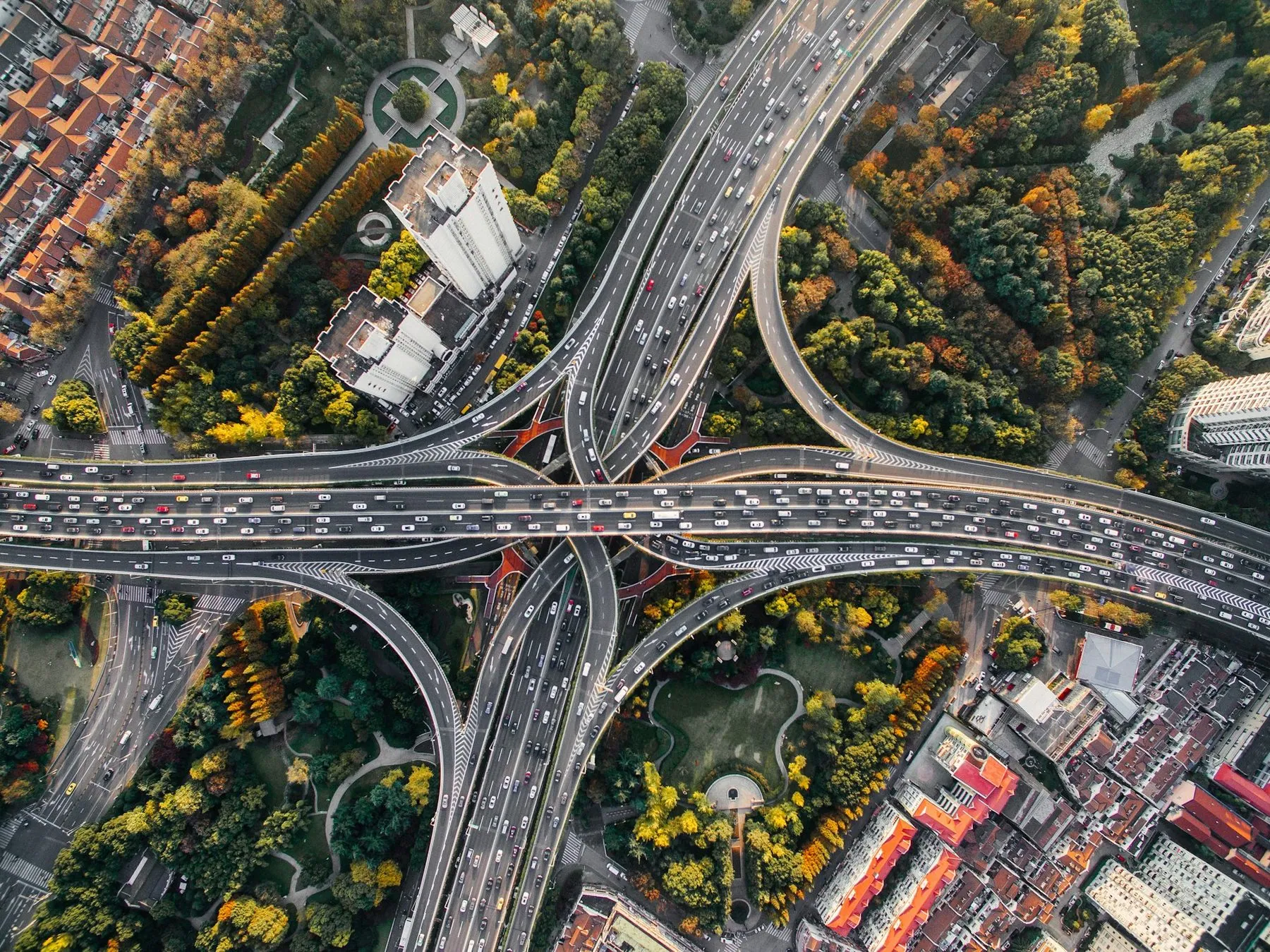 A motorway interchange from above