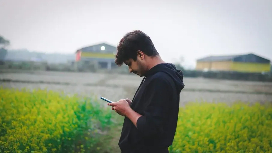 A young man looking at his phone beside a mustard field