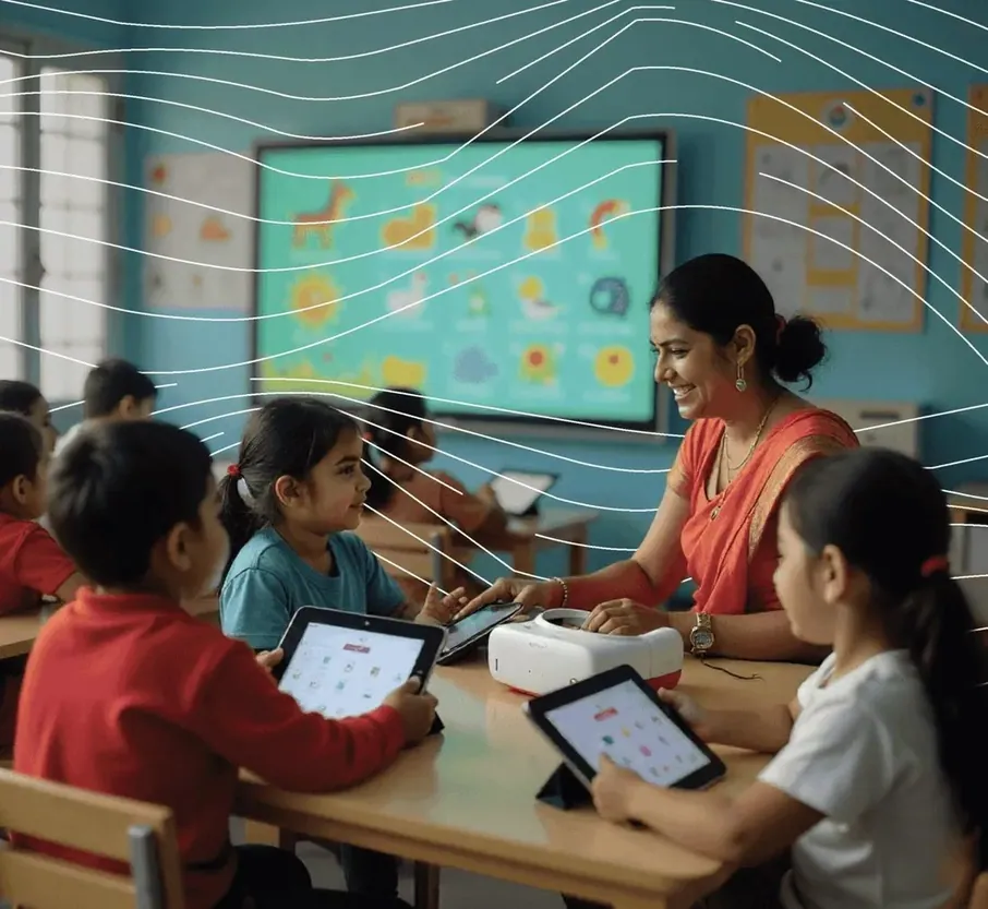 A teacher and children around a tablet in class