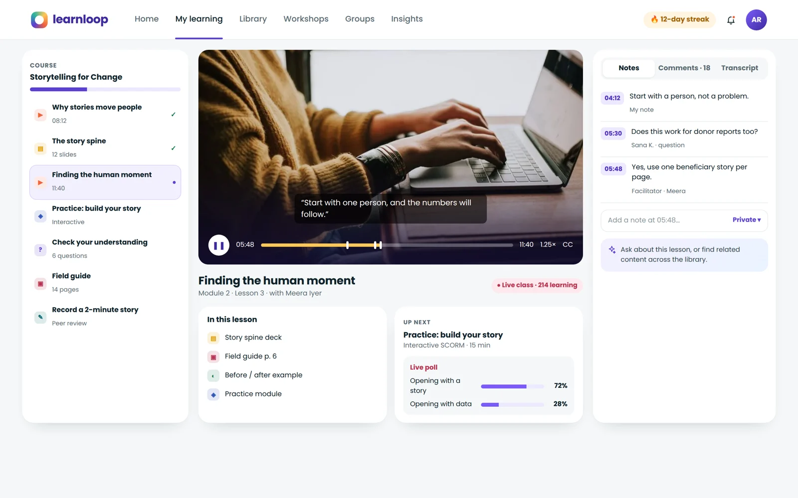 The lesson player, with every format in one flow
