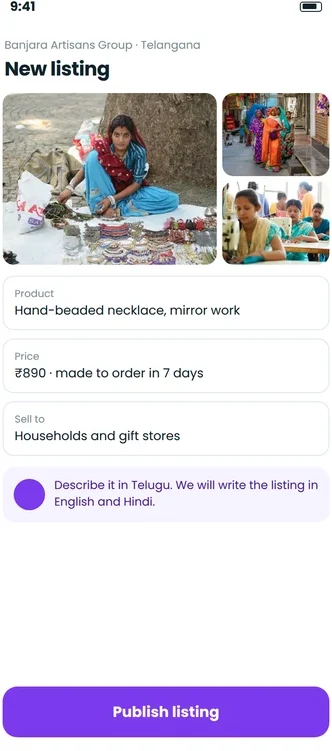 An artisan listing a hand-beaded necklace from her phone