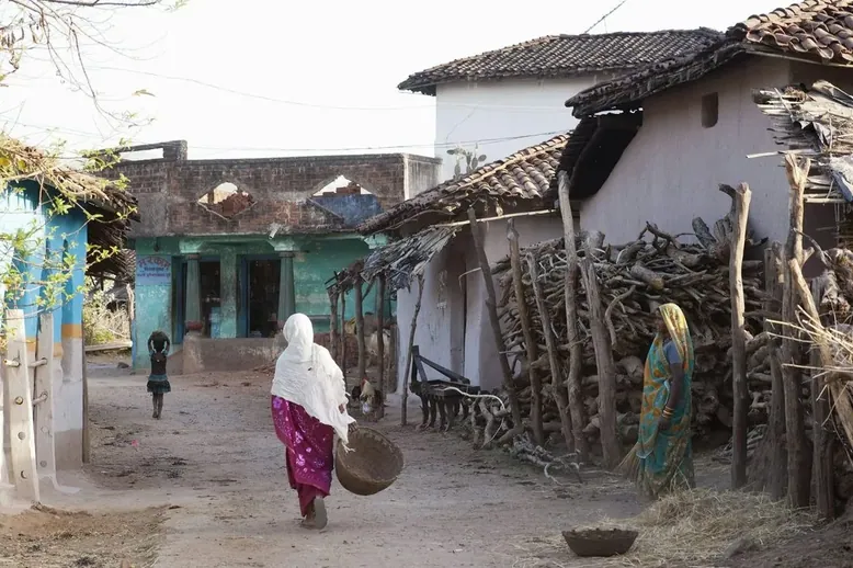 A village street of mud-walled houses