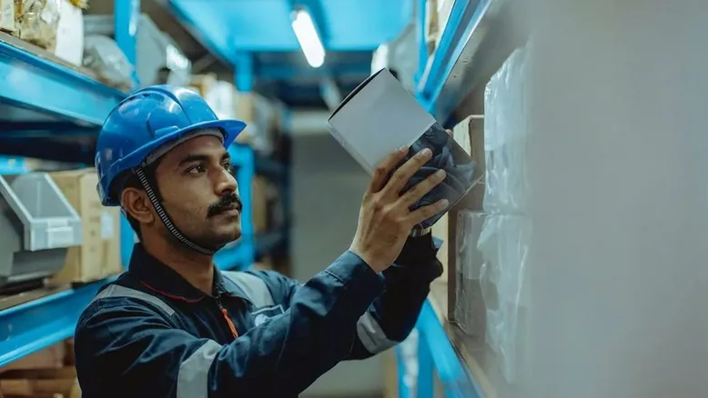 A worker in a hard hat checking a tablet