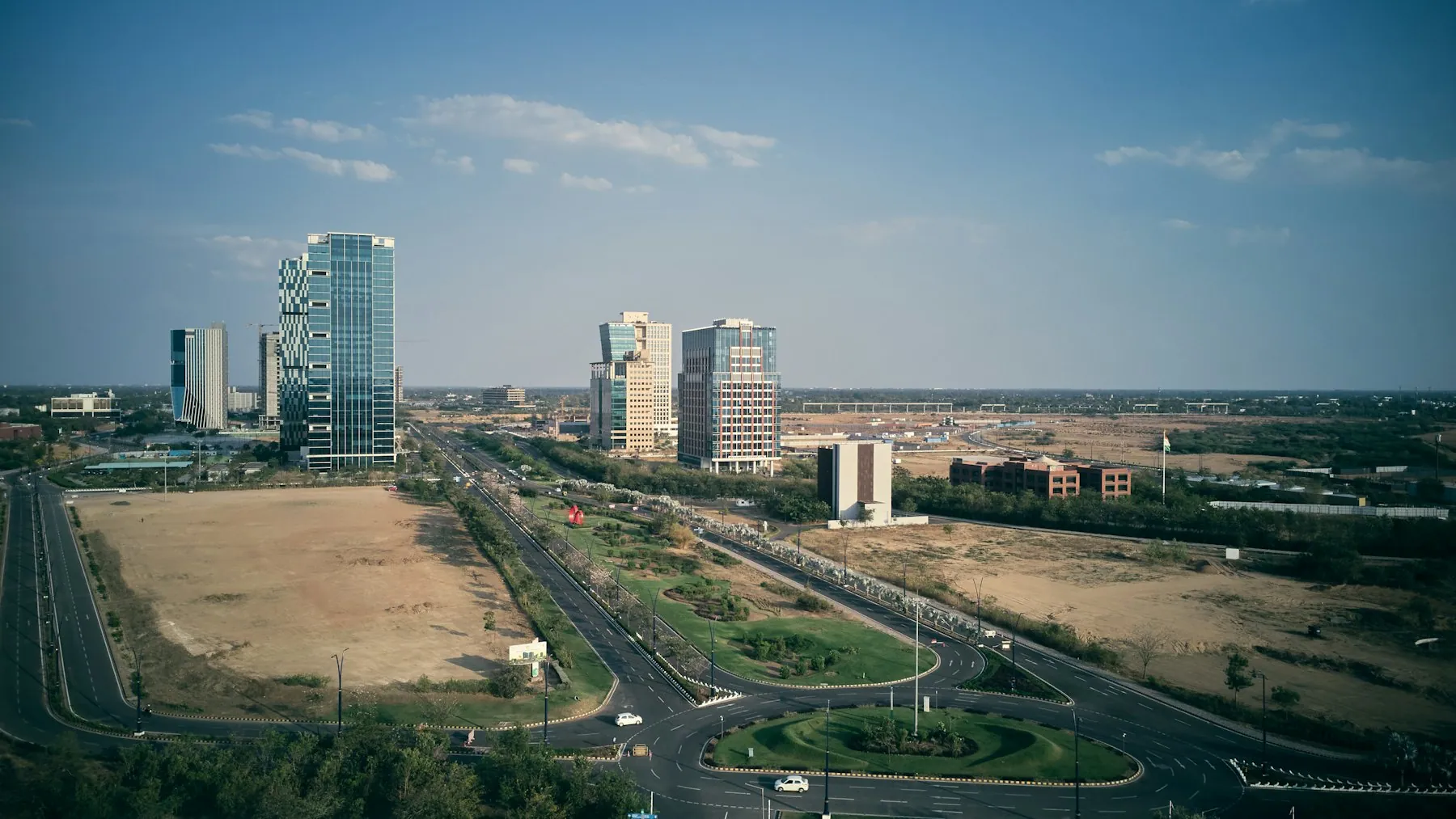 A city skyline across open ground