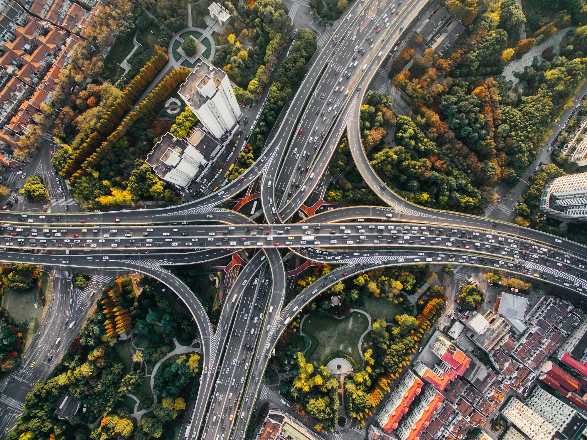 A motorway interchange among trees, from above