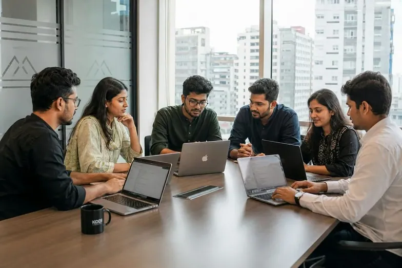 A team working at laptops in a meeting room
