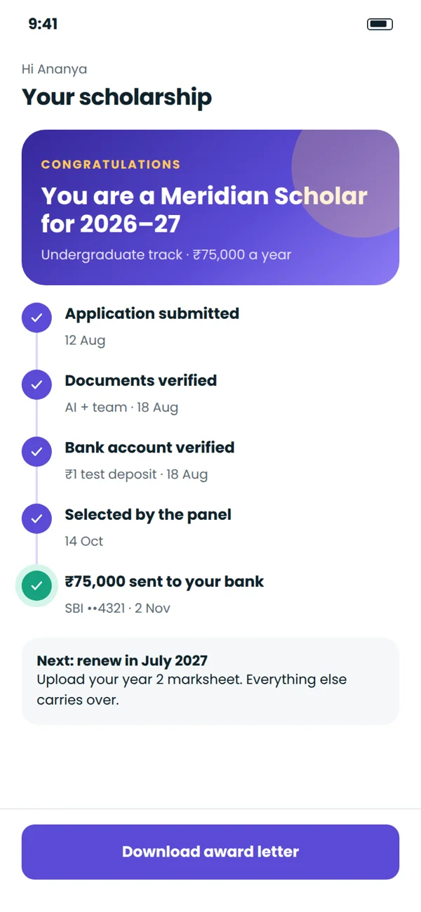 The student app, with their application status and what is still needed