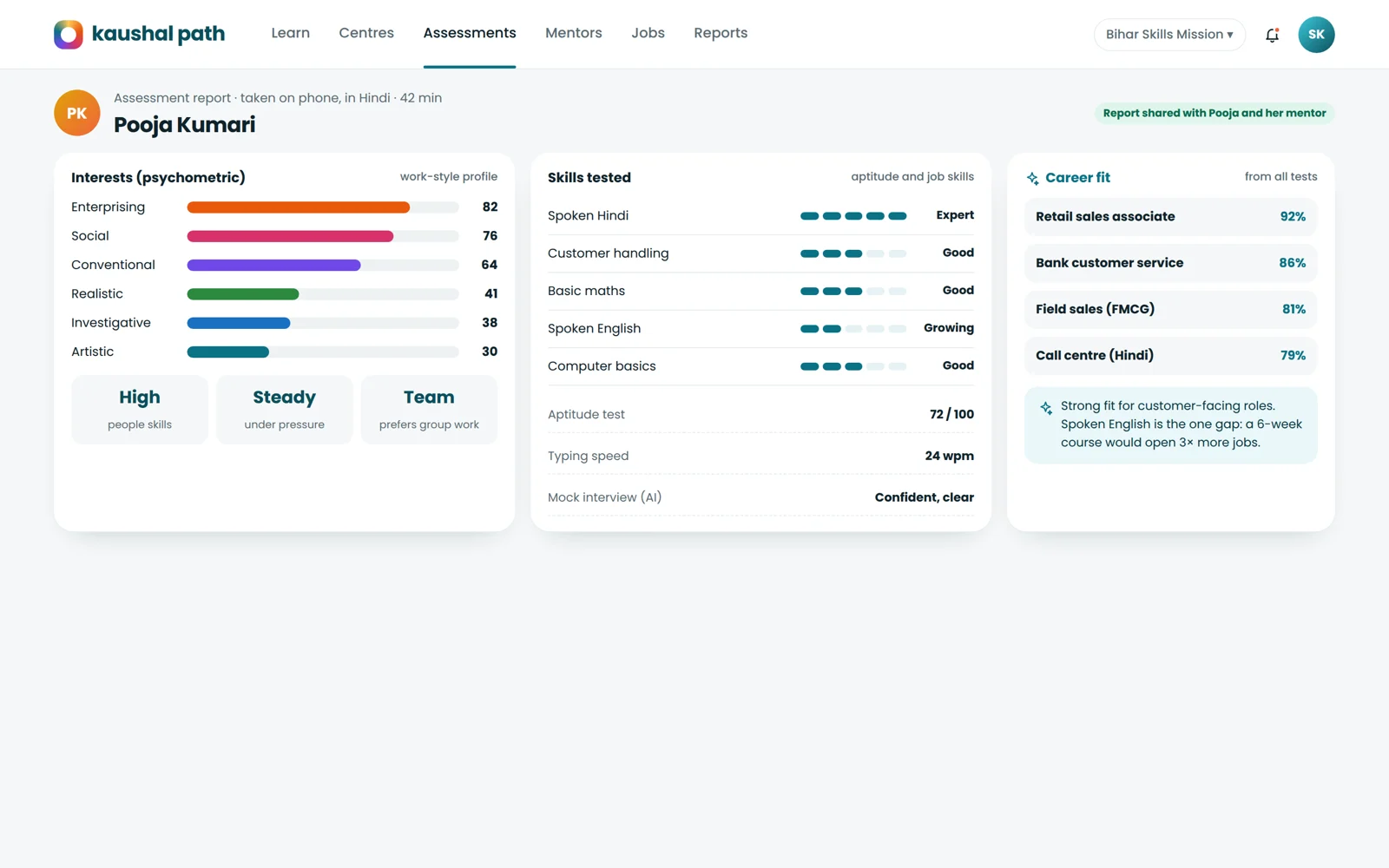 An assessment with career-fit results