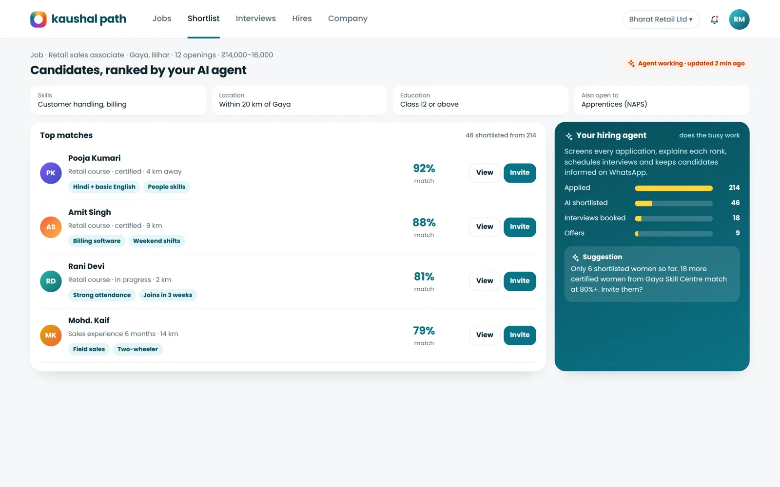 The employer portal, with AI agents screening and scheduling