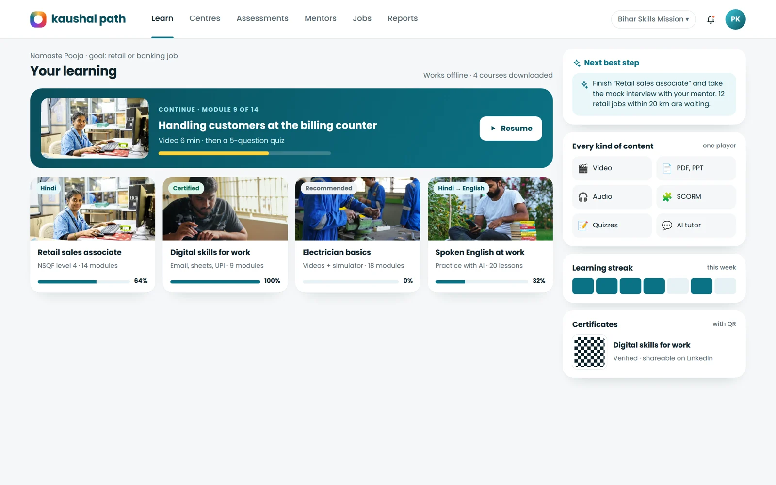 The learning app, with offline lessons in the learner's language