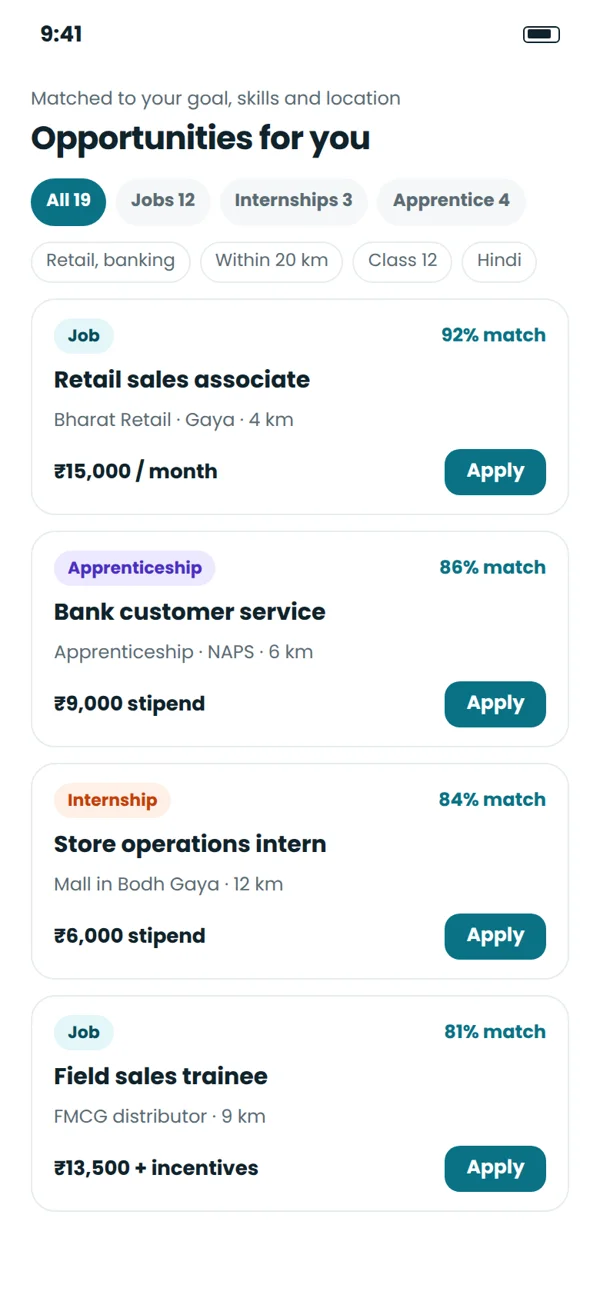 The candidate app, with lessons, jobs and a mentor