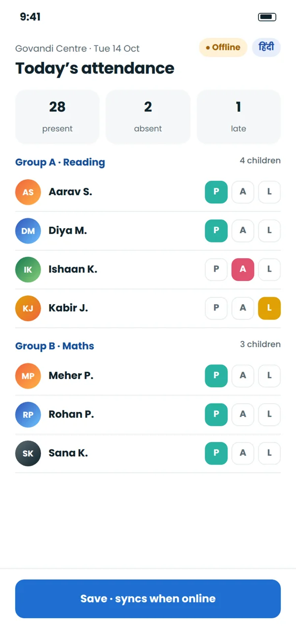 The facilitator app showing attendance and home visits