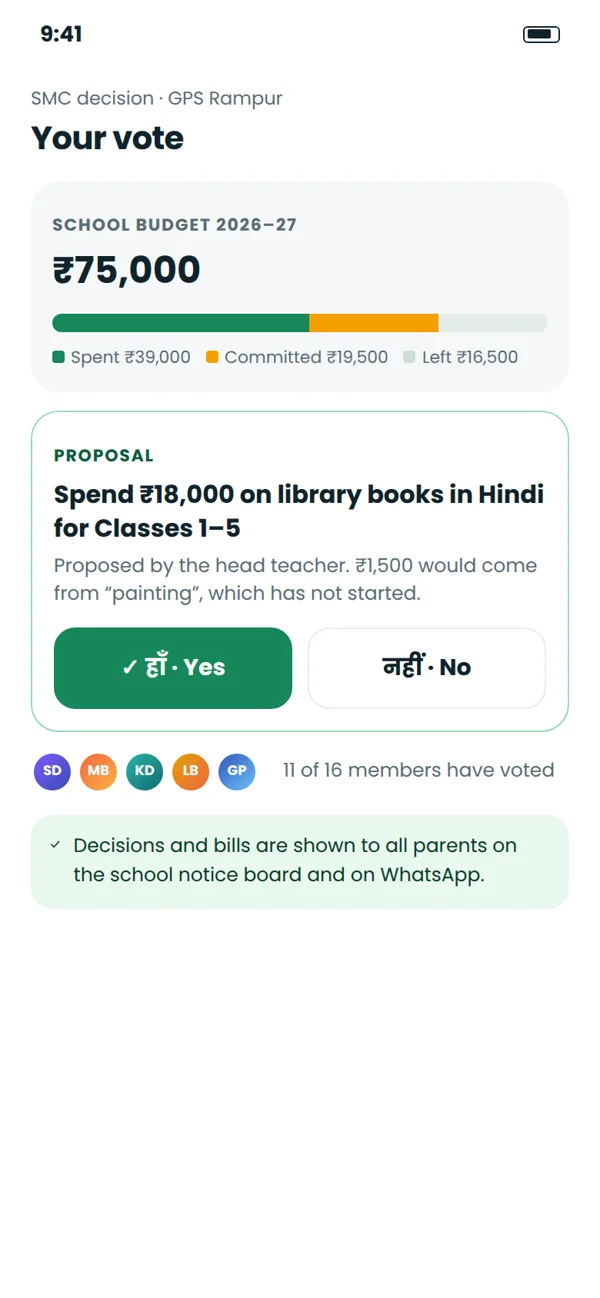 The parent app, with the next meeting and the actions they own