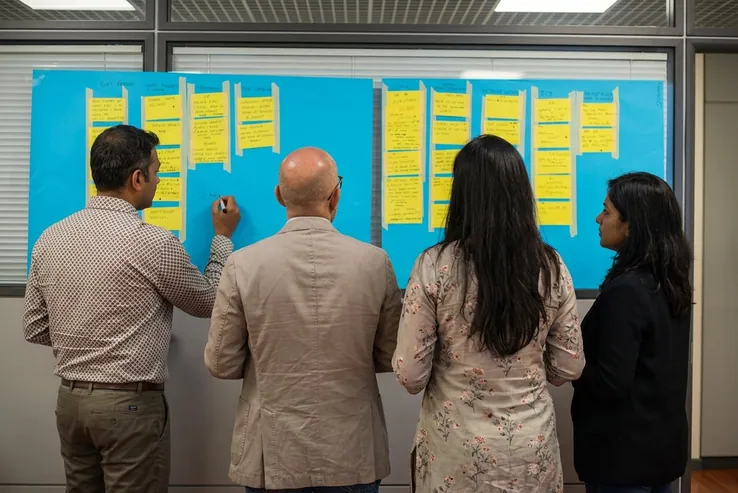 A team working at a wall of yellow sticky notes