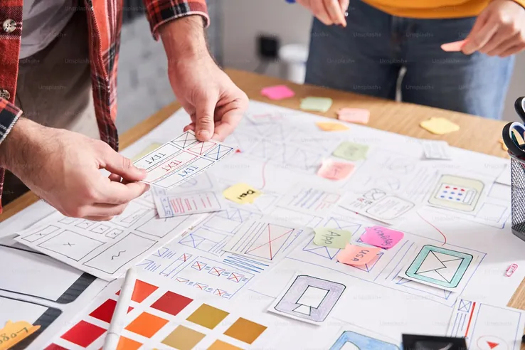 Hands over printed wireframes