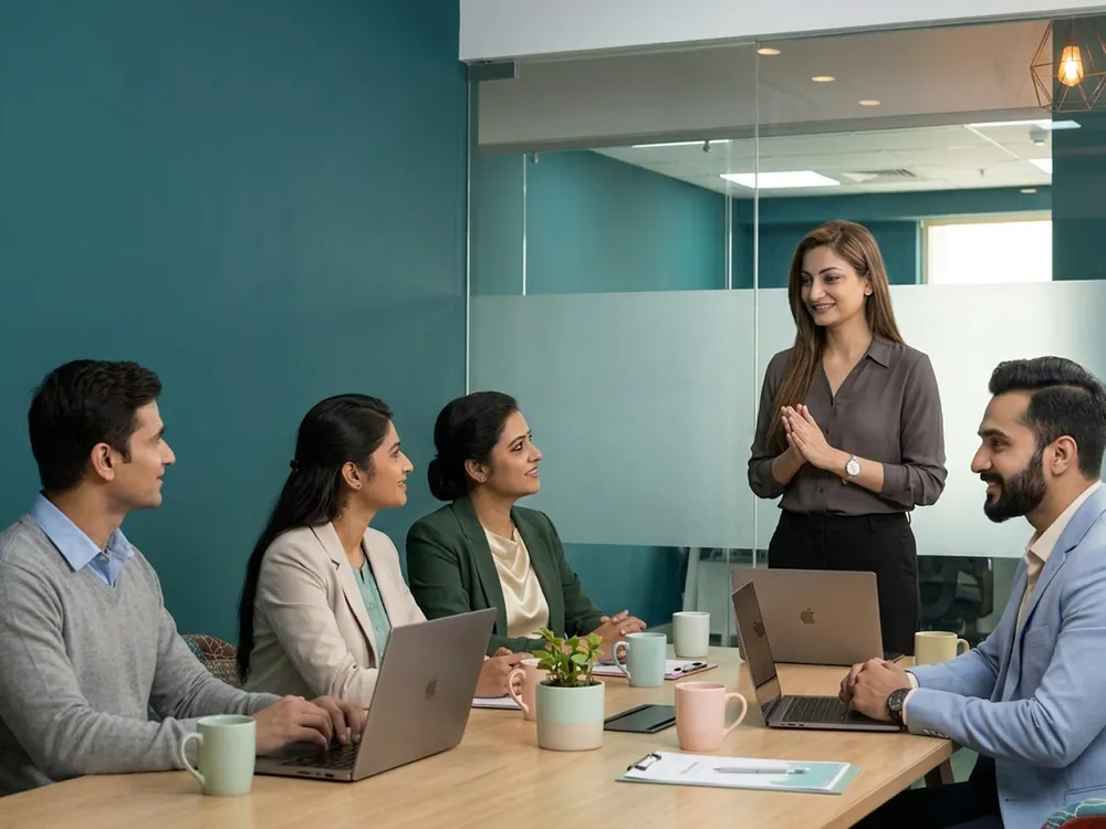 A woman presenting to colleagues in an office