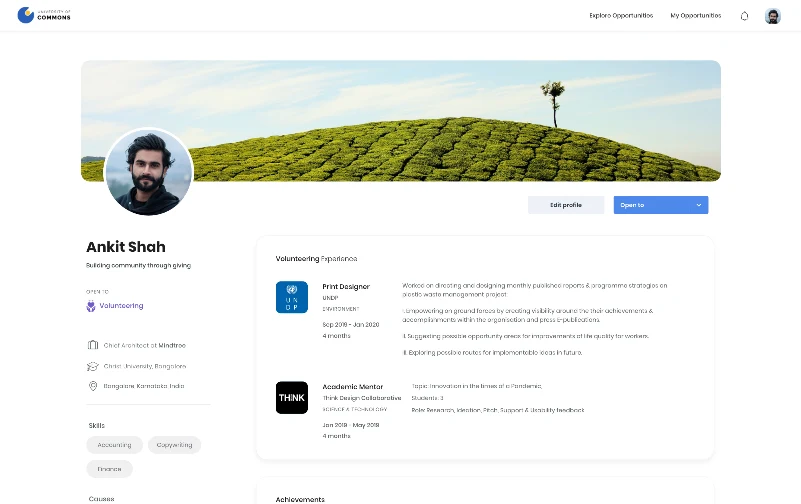 A volunteer's own profile and hours